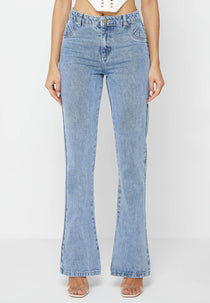 Mid Rise Flared Jeans - Mid Blue