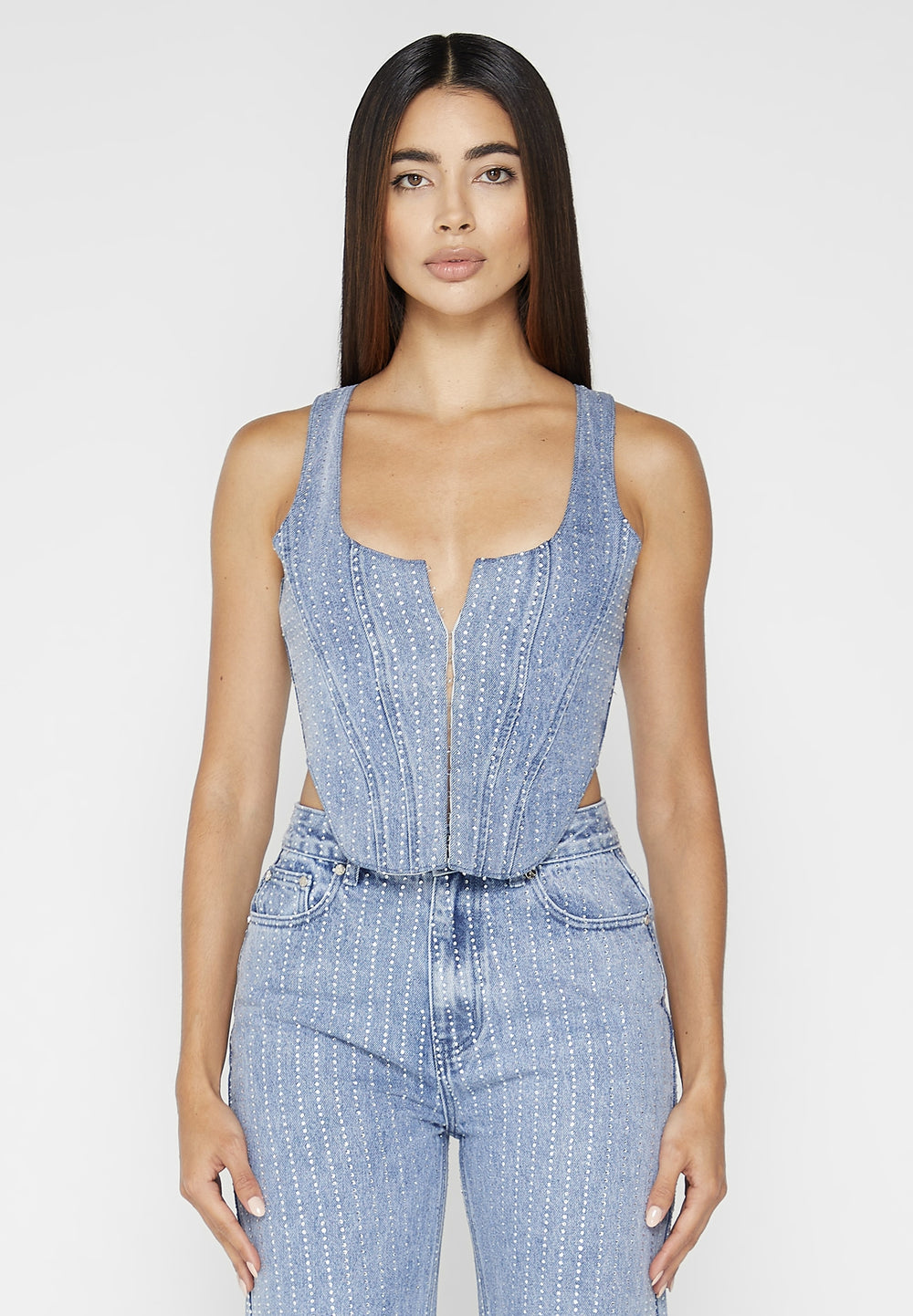 Rhinestone Denim Corset - Mid Blue
