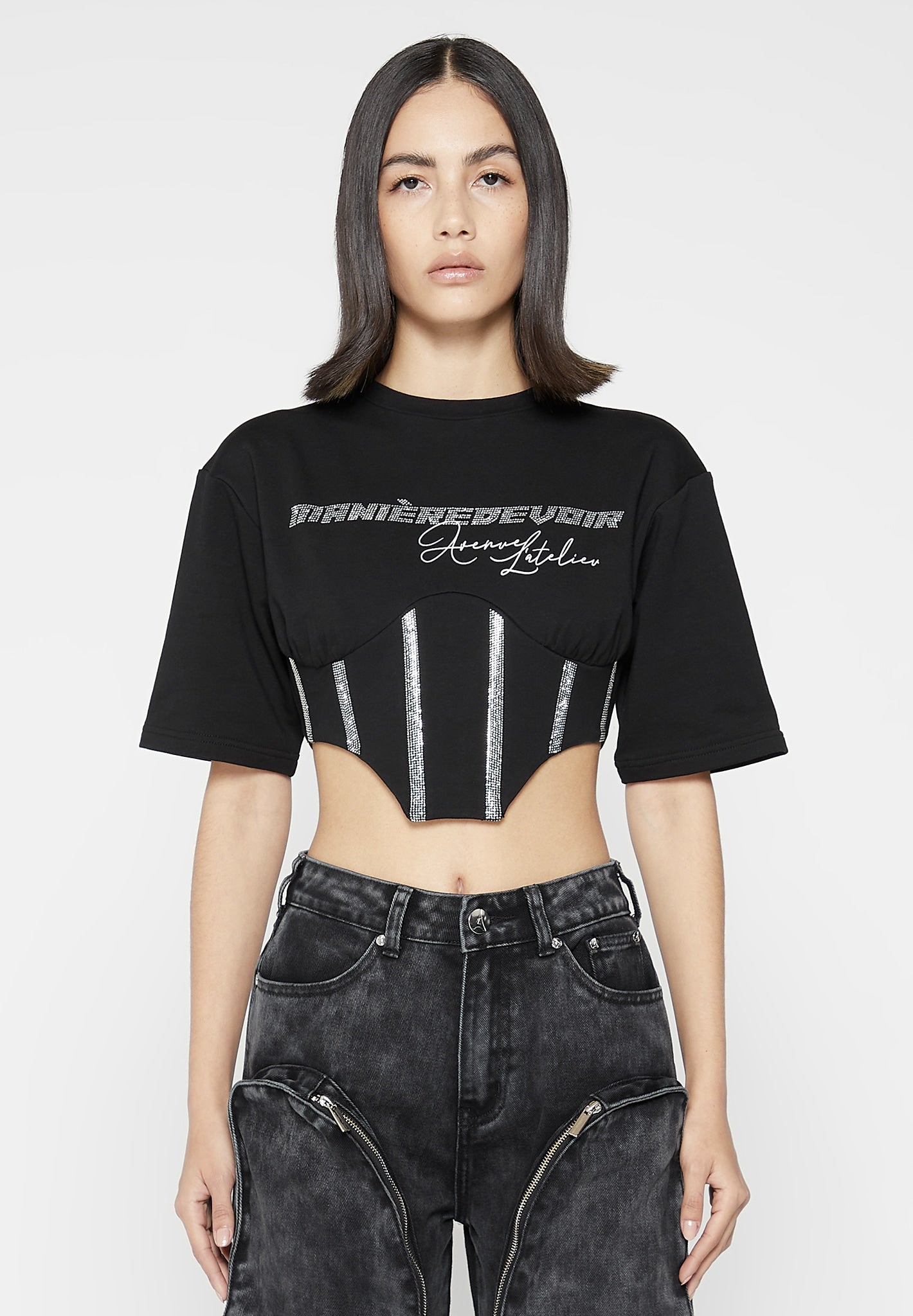 Rhinestone Lace Up Corset T-Shirt - Black