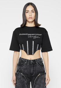 Rhinestone Lace Up Corset T-Shirt - Black