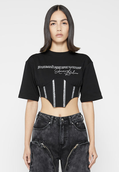 Rhinestone Lace Up Corset T-Shirt - Black | Manière De Voir