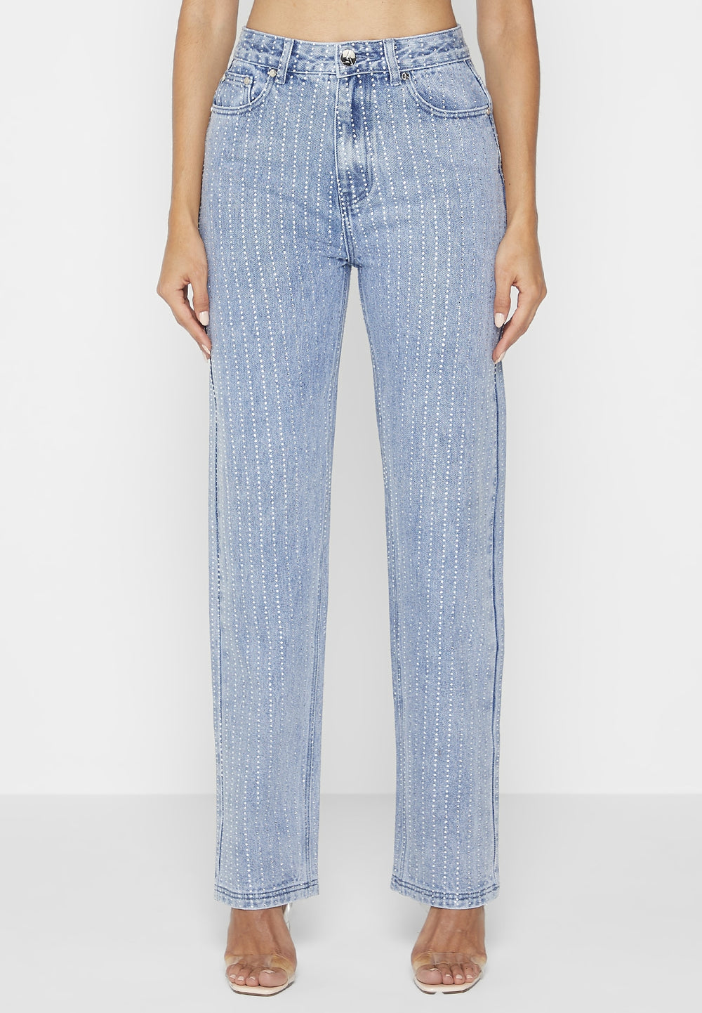 Rhinestone Mom Jeans - Mid Blue
