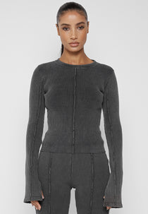 Ribbed Long Sleeve Top - Washed Grey