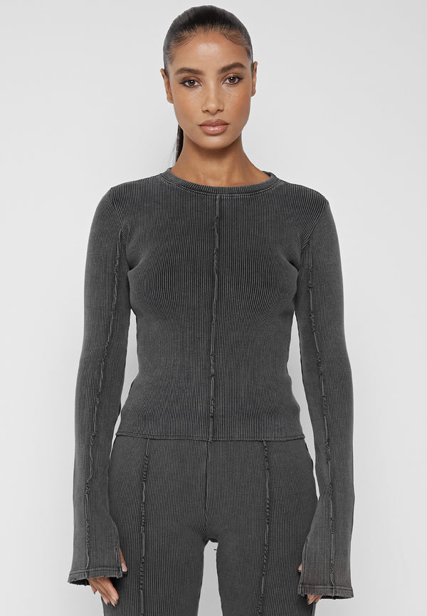 Ribbed Long Sleeve Top - Washed Grey
