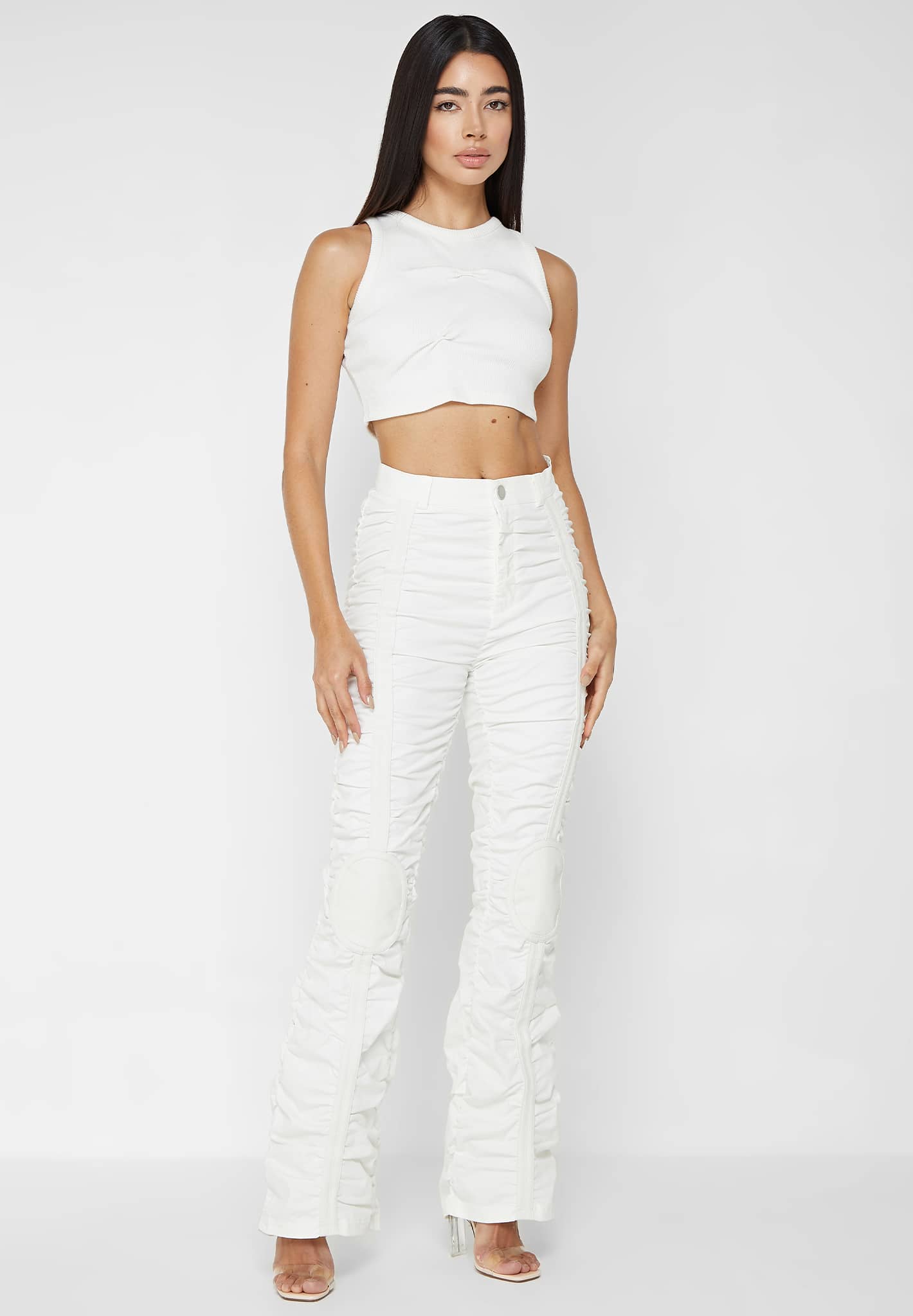 white ruched trousers