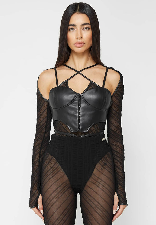 Sheer Bodysuit with Leather Corset - Black