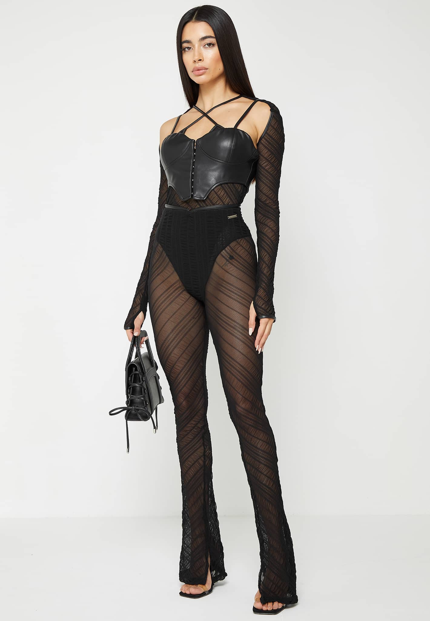 Sheer Trousers with Leather Ties - Black