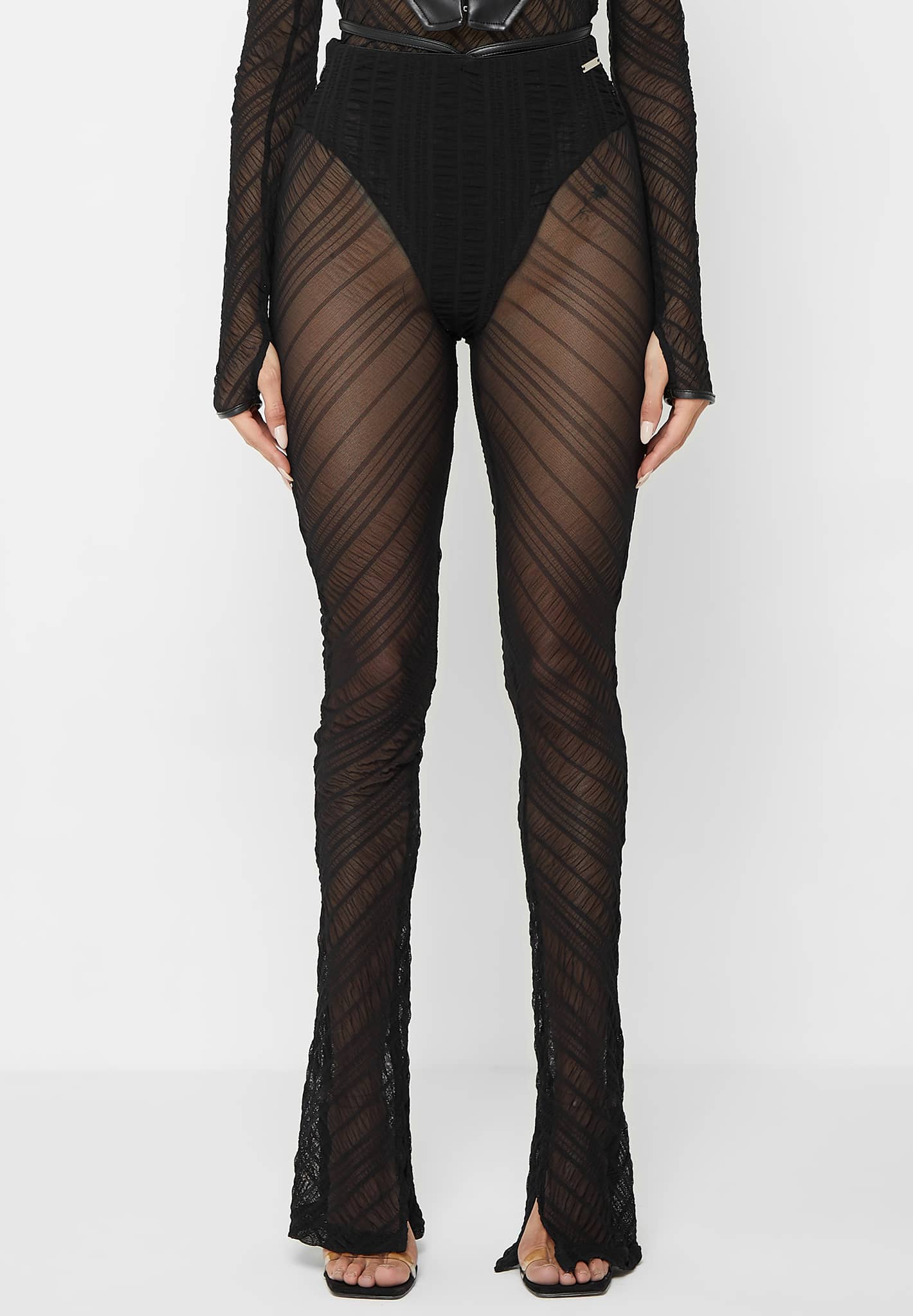 Sheer Trousers with Leather Ties - Black