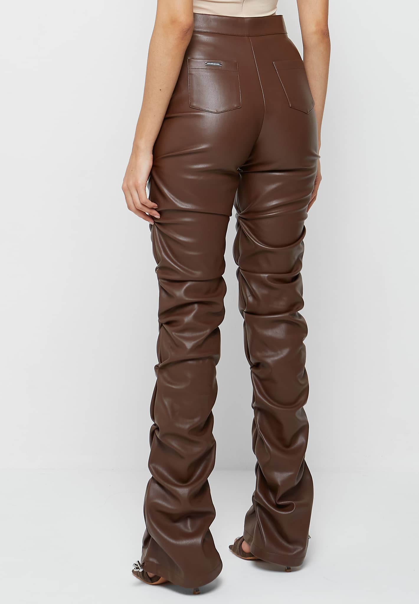 tacked-vegan-leather-flared-trousers-chocolate-brown