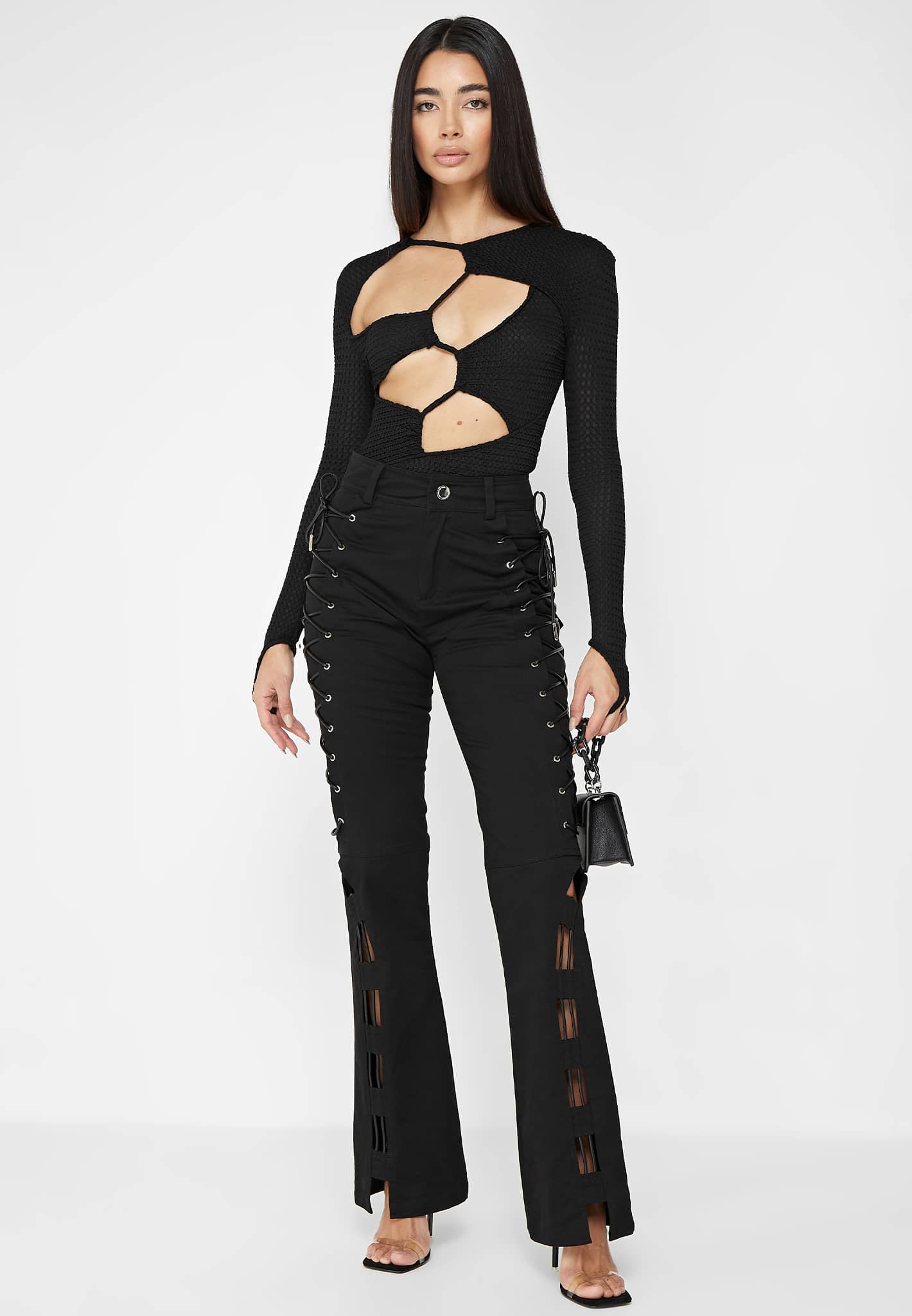 Textured Cut Out Bodysuit - Black