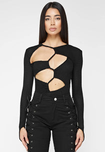 Textured Cut Out Bodysuit - Black