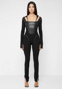 Leather and Bandage Corset Jumpsuit - Black