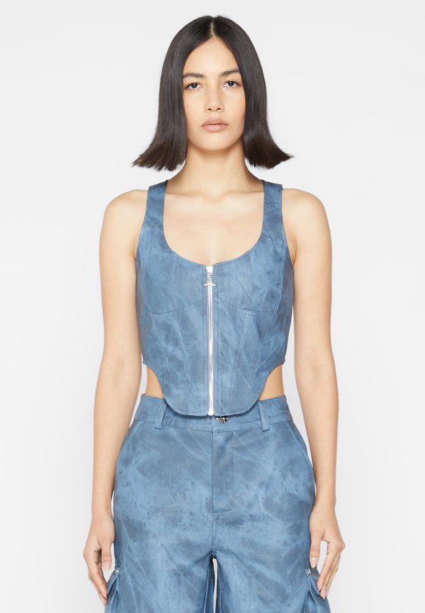 Vintage Marble Leather Corset Top - Washed Blue
